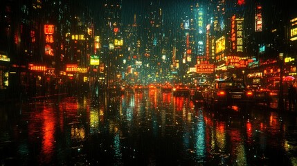 Obraz premium Rainy neon city street, glowing reflections.