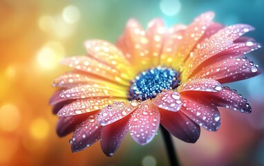 A vibrant macro shot of a daisy flower with water droplets on the petals, creating a refreshing, natural atmosphere
