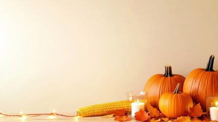 Autumn harvest scene with pumpkins, corn, candles, and leaves.