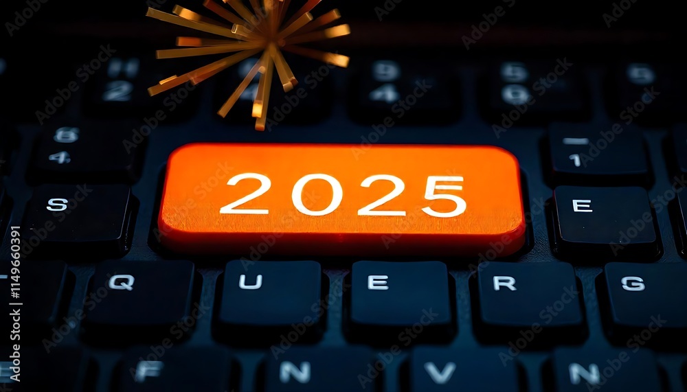 Fototapete 2025, happy, new year, an orange button with the start 2025 new year on a keyboard happy new year 20