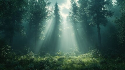 Fototapeta premium Sunbeams illuminate misty forest clearing.