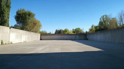 Empty Concrete Space Surrounded by Trees and Clear Blue Sky