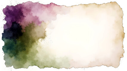 Watercolor Background In Torn Edge Style For Creative Projects, featuring dark amethyst and olive green smudges with a moody effect