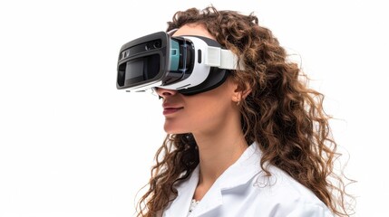 A woman in a lab coat wears advanced virtual reality goggles, embodying innovation and technology, This image is ideal for concepts related to futuristic education, research, or immersive experiences