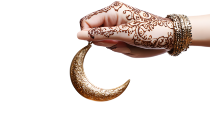 A henna-designed hand holding a crescent moon pendant, isolated on transparent 
