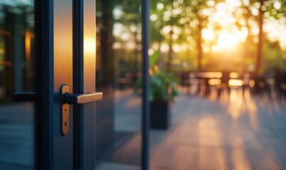 Sunset view through modern glass door.