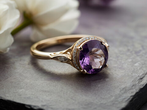 An elegant amethyst engagement ring with a prominent solitaire, set on a slender gold band.