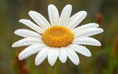 Obraz premium Closeup of a daisy with water drops on its petals, highlighting the natural beauty and texture in a detailed, macro shot