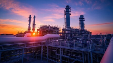 Industrial Plant at Sunset with Colorful Sky and Stacks