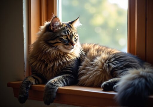 A wide-angle portrait of a Maine Coon lounging on a wooden windowsill, its long, fluffy tail draped over the edge. The natural light streaming through the window casts soft shadows across its face, em - Powered by Adobe
