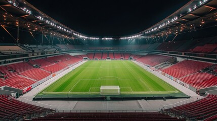Luxurious empty football stadium under floodlights at night