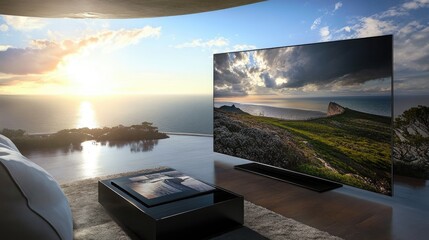 Modern Living Room with Scenic Ocean View at Sunset and Television