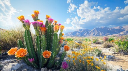 Vibrant Cactus Blooms in Desert Landscape Under Bright Blue Sky