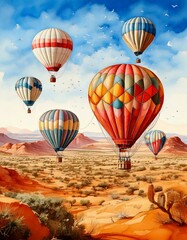 Fototapeta premium Watercolor hot air balloon festival in a desert with colorful, patterned balloons
