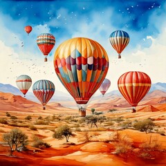 Obraz premium Watercolor hot air balloon festival in a desert with colorful, patterned balloons