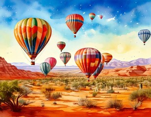 Obraz premium Watercolor hot air balloon festival in a desert with colorful, patterned balloons