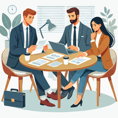 Obraz premium partners meeting for business discussion with documents and laptop on desk.couple at round table ,speaking ,discussing work,partnership.flat vector illustration isolated on a white background