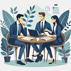 partners meeting for business discussion with documents and laptop on desk.couple at round table ,speaking ,discussing work,partnership.flat vector illustration isolated on a white background