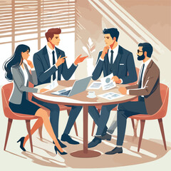 partners meeting for business discussion with documents and laptop on desk.couple at round table ,speaking ,discussing work,partnership.flat vector illustration isolated on a white background