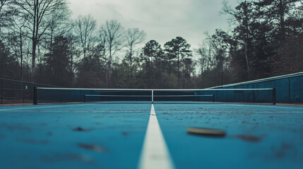 Empty tennis court with blue surface surrounded by trees in winter. 