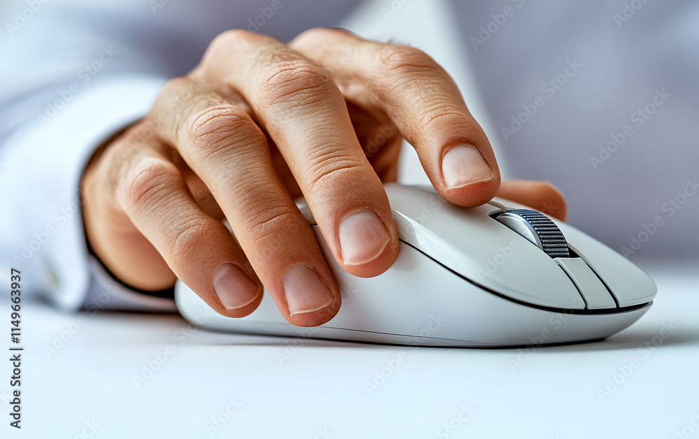 Poster a hand using a computer mouse on a desk, indicating interaction with technology.