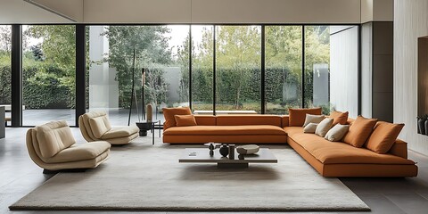 Modern living room interior with orange sectional sofa, beige armchairs, large windows, and garden view.