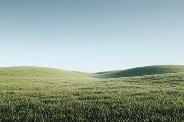 A vast green field with rolling hills stretches out under a clear blue sky.