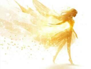 A woman in a golden dress is walking through a field of stars. The image has a dreamy, ethereal quality to it, with the woman's dress and the stars creating a sense of magic and wonder