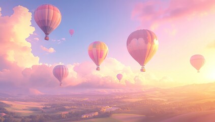 Fototapeta premium Hot Air Balloons Soar Over Scenic Landscapes at Sunrise, Creating a Breathtaking View with Colorful Balloons in the Sky