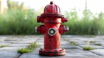 A red fire hydrant standing on a stone pavement surrounded by grass.
