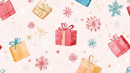 Colorful Christmas Gift Boxes and Snowflakes on a Festive Background