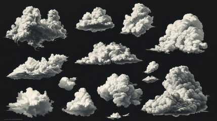 A collection of ultra-realistic clouds with dynamic and detailed forms, set against a pitch-black void. The clouds display a variety of shapes, some billowy and others wispy, with dramatic lighting em