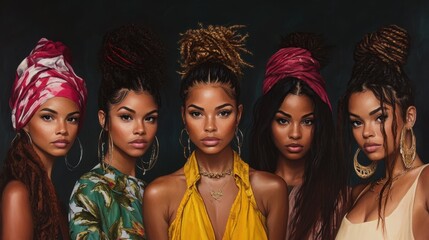 Fototapeta premium Five Stunning Women with Diverse Hairstyles and Colorful Headwraps