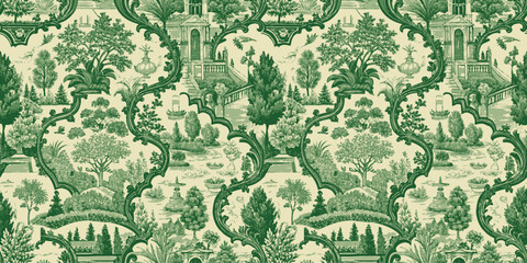 Fototapeta premium Elegant green and white vintage botanical wallpaper design with intricate scenes.