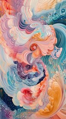 A painting of a colorful sea creature with a blue and orange tail. The painting is full of vibrant colors and has a dreamy, whimsical feel to it