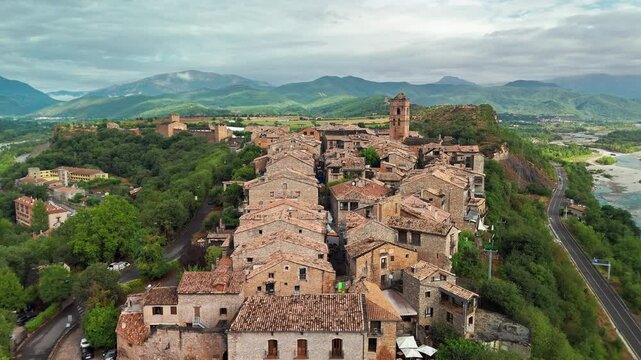 Aerial view of the old town of Ainsa in Huesca province, Spain