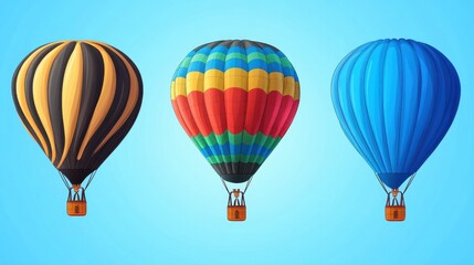 Fototapeta premium Three vibrant hot air balloons in black, colorful, and blue against a clear blue sky, symbolizing adventure and freedom.