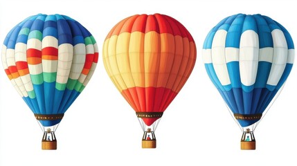 Obraz premium Three vibrant hot air balloons in assorted colors, floating majestically against a clear blue sky.
