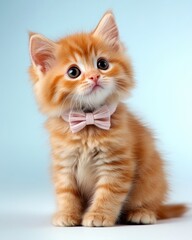 Obraz premium A cute orange kitten wearing a pink bow tie, posed against a soft blue background.