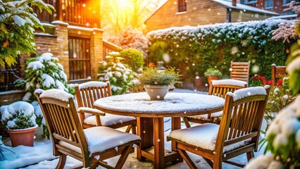 Fototapeta premium Snowy Winter Patio: UK Garden Furniture, Wooden Table & Chairs, Bokeh Effect