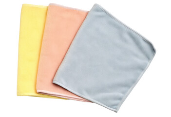 Set of three soft cleaning cloths in pastel colors isolated with transparent background
