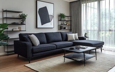 Modern living room interior with sectional sofa, coffee table, shelves, and large window.