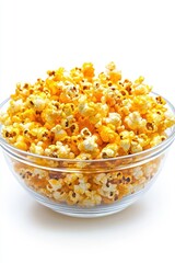 A clear glass bowl filled to the brim with fluffy, golden yellow popcorn, inviting and perfect for movie night.