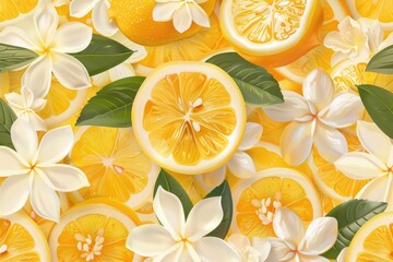 A vibrant and refreshing lemon pattern with whole and sliced lemons accompanied by green leaves, ideal for a summer-themed design project