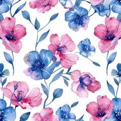 watercolor blue red pink floral seamless pattern blooming rustic vintage leaves stem oil paint brush stroke bunch