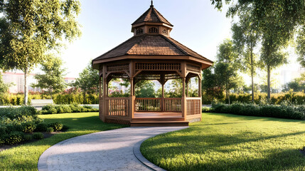 A wooden gazebo in a lush park, surrounded by greenery and a winding pathway.