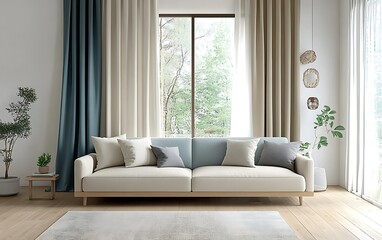 Modern living room interior with sofa, curtains, plants, and large window.
