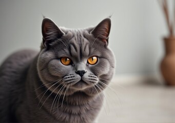 A close-up of a British Shorthair with a plush grey coat, its amber eyes glowing under soft studio lighting. The shot emphasizes the cat's rounded features and dense fur, with a blurred background of 