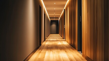 Fototapeta premium Serene Hotel Corridor with Warm Lighting and Elegant Wooden Walls