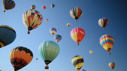 Obraz premium A vibrant scene of colorful hot air balloons in flight against a clear blue sky.